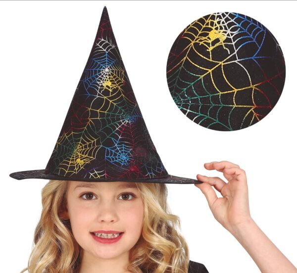 Cappello da Strega Nero con Ragnatele Colorate Bambina