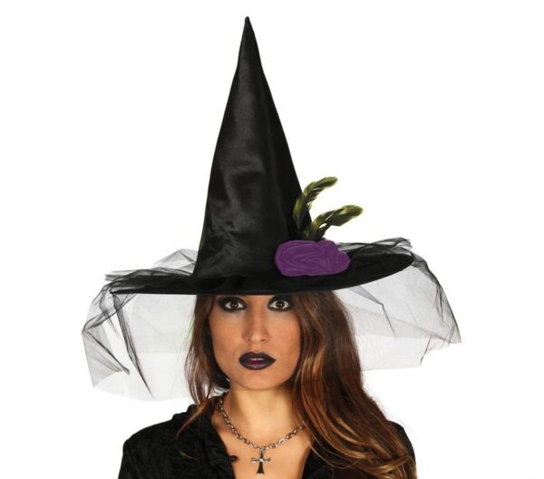Cappello Strega con Fiore Lilla e Velo Nero