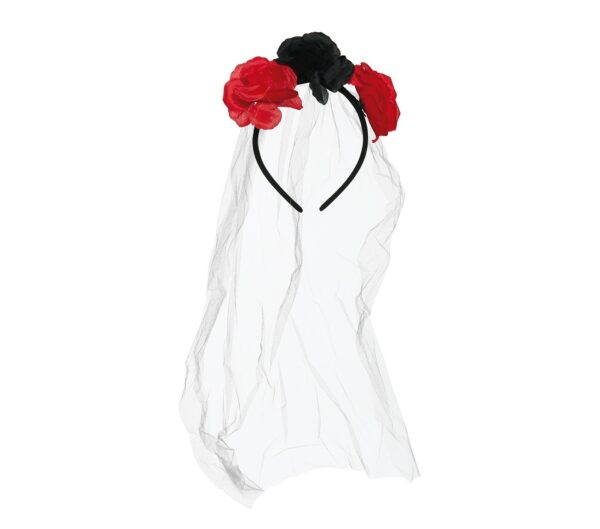 Diadema con fiori rossi e neri e velo - immagine 2