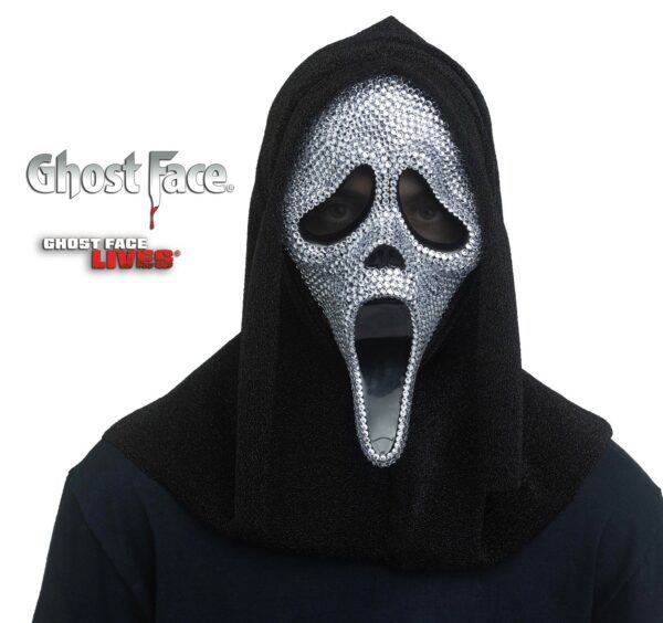 Maschera Ghost brillantini argento con cappuccio glitter originale