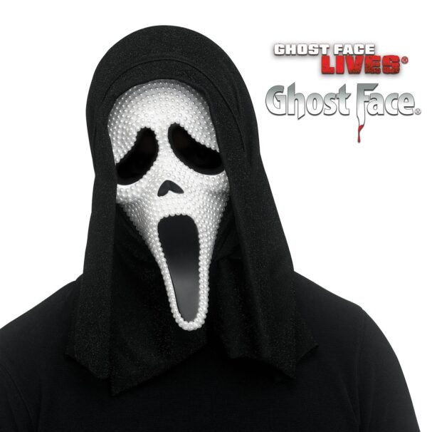 Maschera Ghost bianco perlato con perle e cappuccio glitter originale