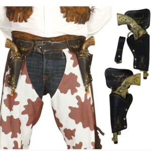 Cinturone con doppia fondina e due pistole dorate in plastica