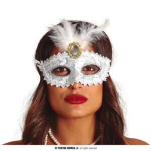 Mascherina argento bianco mezzo viso con piuma bianca