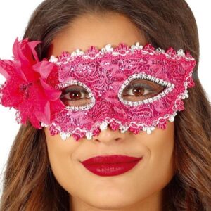 Maschera carnevale Fucsia con pizzo e fiore grande