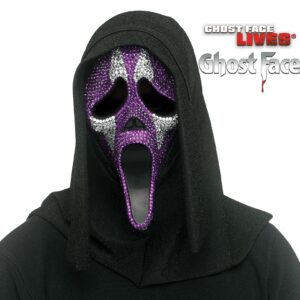 Maschera Ghost Face brillantini argento e viola con cappuccio glitter originale