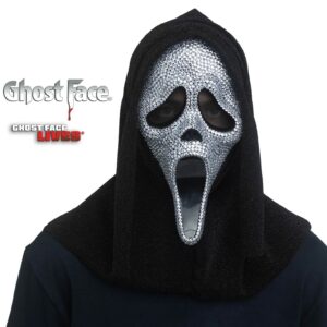 Maschera Ghost Face brillantini argento con cappuccio glitter originale