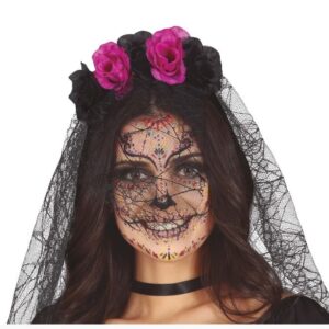 Diadema con velo e fiori neri e lilla teschio Messicano
