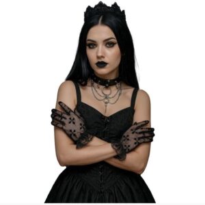 Guanti corti in pizzo nero con croci