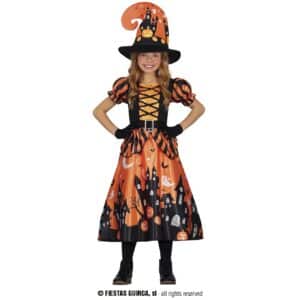 Costume da strega arancione con zucche e fantasmi bambina