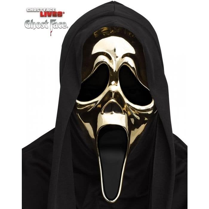 Maschera Ghost Face Oro lucido in plastica rigida con cappuccio originale