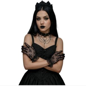 Guanti corti in pizzo nero con croci